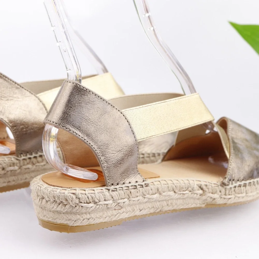 Kanna Womens Espadrille Sandals Size 11 Gold Leather Elastic Slingback Shoe Flat